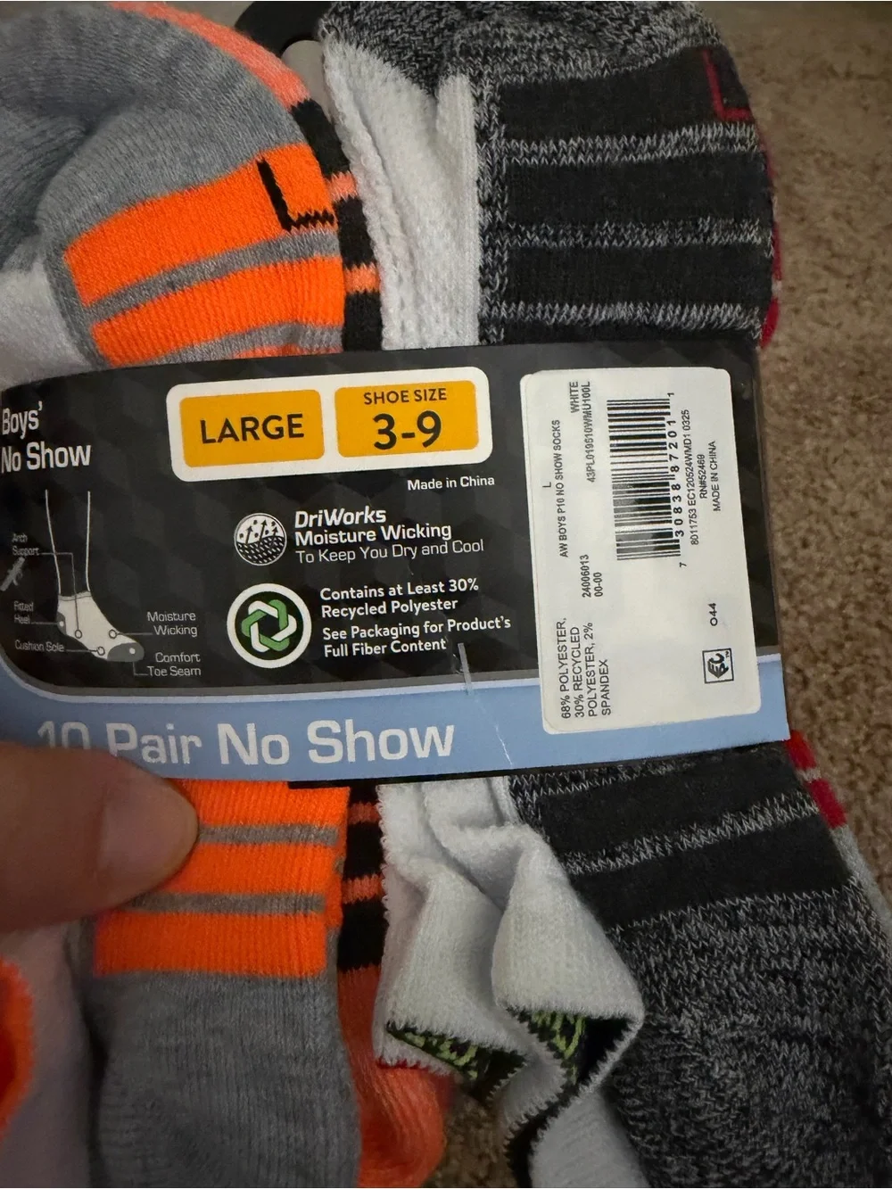 Athletic Works Boys' Moisture Wicking No Show Socks, 10-Pair Pack Large, 3-9